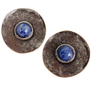 Vintage 70s 80s Modernist Brutalist Textured Copper Blue Quartz Clip On Earrings
